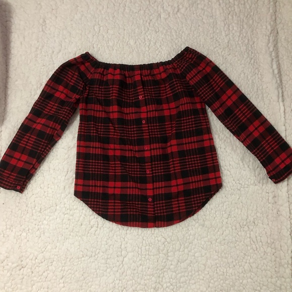 Red plaid/flannel off the shoulder top - Picture 1 of 2